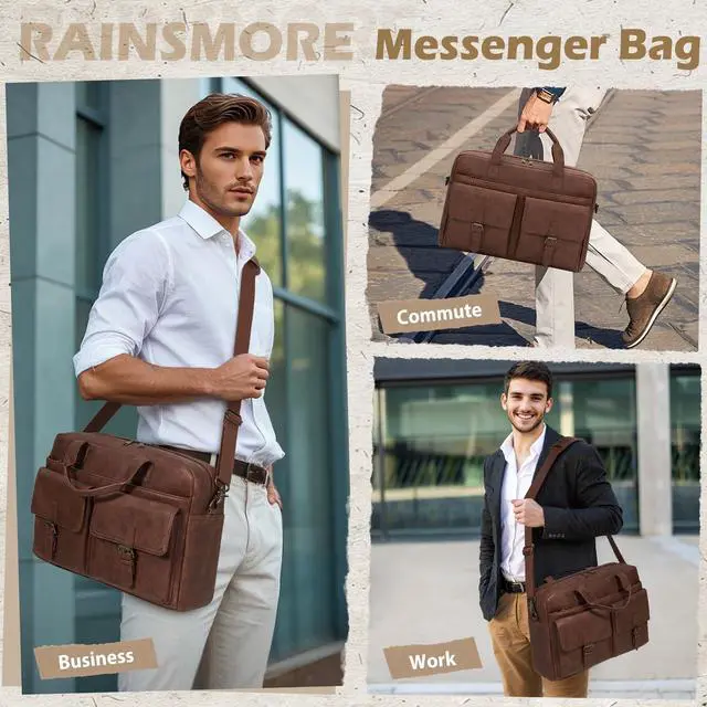 Alt view image 3 of 5 - RAINSMORE Messenger Bag for Men 16 Inch Leather Laptop Bags Work Computer Briefcase Vintage Mens Satchel Shoulder Bag for Work, Office, Business, Travel, Brown
