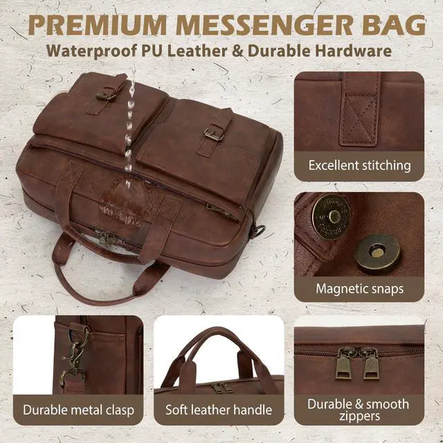 Alt view image 5 of 5 - RAINSMORE Messenger Bag for Men 16 Inch Leather Laptop Bags Work Computer Briefcase Vintage Mens Satchel Shoulder Bag for Work, Office, Business, Travel, Brown
