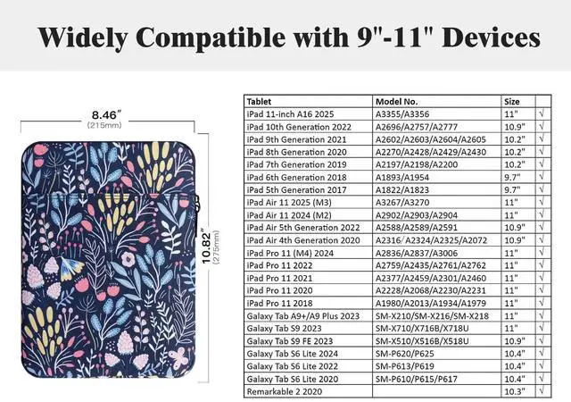 Alt view image 2 of 5 - TiMOVO 9-11" Tablet Sleeve Bag for iPad 11-inch A16 2025, iPad 10th Gen. 10.9", iPad 10.2", iPad Air 11/5th/4th Gen. 10.9", Galaxy Tab A9 Plus 11", Protective Bag Fit Smart Keyboard, Colorful Flower