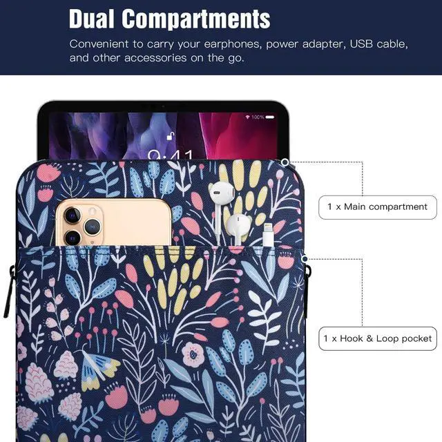 Alt view image 4 of 5 - TiMOVO 9-11" Tablet Sleeve Bag for iPad 11-inch A16 2025, iPad 10th Gen. 10.9", iPad 10.2", iPad Air 11/5th/4th Gen. 10.9", Galaxy Tab A9 Plus 11", Protective Bag Fit Smart Keyboard, Colorful Flower