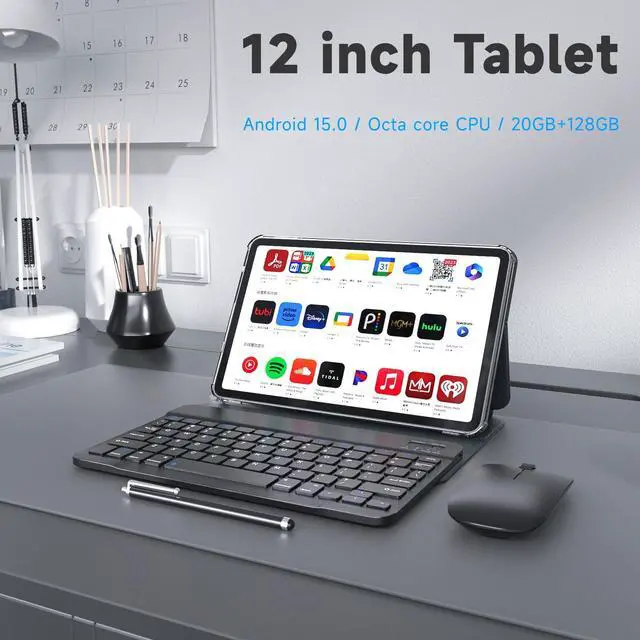 Alt view image 2 of 5 - Tablet Kit with Protective Case+Fast Charger+Keyboard+Mouse, Android 15.0 1200*2000 12Inch TouchScreen, Octa-core T615 CPU, RAM 20GB(6+14Expand) + 128GB ROM, 8000mAh Battery, Dark Gray(T30 Max)