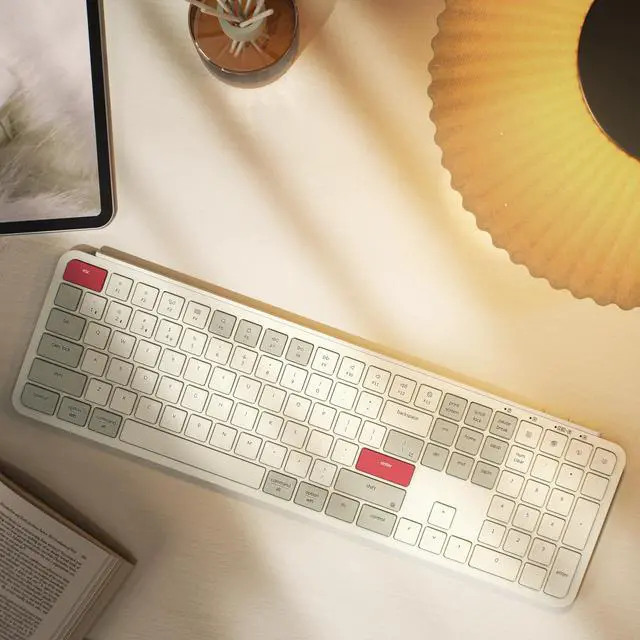 Alt view image 4 of 5 - Keychron B6 Pro Full-Size Ultra-Slim Wireless ZMK Custom Keyboard, Triple-Mode 2.4 G/Bluetooth 5.2/Wired Programmable, Lightweight Quiet Key with Numeric Keypad for Mac/Windows, Retro Red