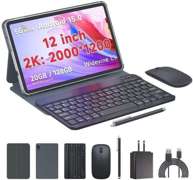 Main image of Tablet Kit with Protective Case+Fast Charger+Keyboard+Mouse, Android 15.0 1200*2000 12Inch TouchScreen, Octa-core T615 CPU, RAM 20GB(6+14Expand) + 128GB ROM, 8000mAh Battery, Dark Gray(T30 Max)
