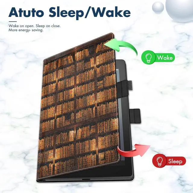 Alt view image 3 of 4 - Dteck for Amazon Fire 7" (9th/7th/5th Generation 2019/2017/2015 Release) Smart Folio Tablet Case with Auto Sleep Wake/Stand Function, Hand Grip Strap, PU Leather Protective Cute Fold Cover, Bookshelf