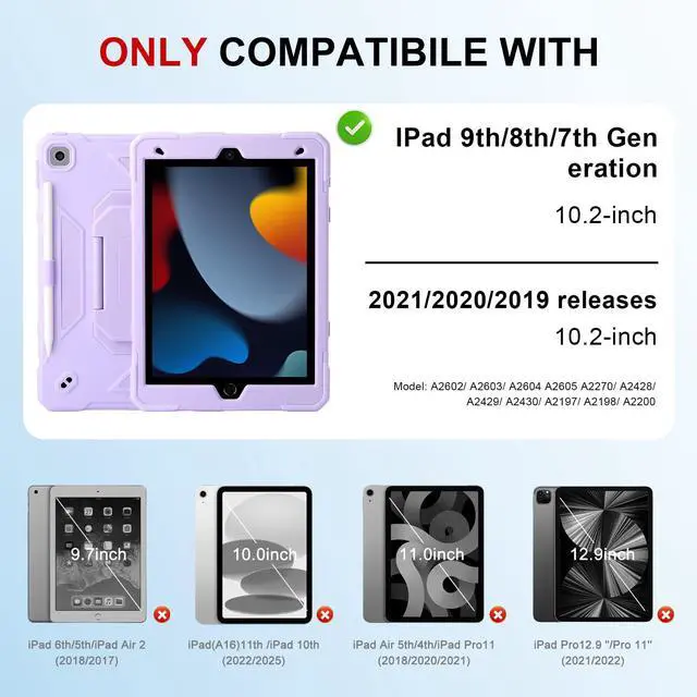 Alt view image 2 of 5 - Case for iPad 9th Generation (2021) /iPad 8th Gen (2020)/iPad 7th Gen (2019), Military Grade Shockproof iPad Case Built-in 360°Rotating Stand/Pen Slot/Shoulder Strap, for iPad 10.2 (Light Purple)