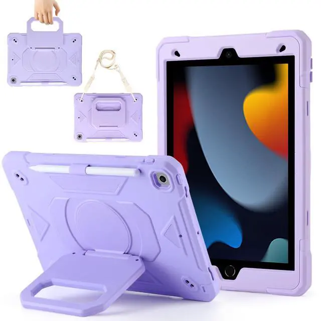 Main image of Case for iPad 9th Generation (2021) /iPad 8th Gen (2020)/iPad 7th Gen (2019), Military Grade Shockproof iPad Case Built-in 360°Rotating Stand/Pen Slot/Shoulder Strap, for iPad 10.2 (Light Purple)