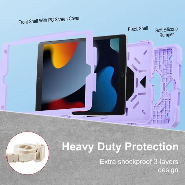 Alt view image 4 of 5 - Case for iPad 9th Generation (2021) /iPad 8th Gen (2020)/iPad 7th Gen (2019), Military Grade Shockproof iPad Case Built-in 360°Rotating Stand/Pen Slot/Shoulder Strap, for iPad 10.2 (Light Purple)