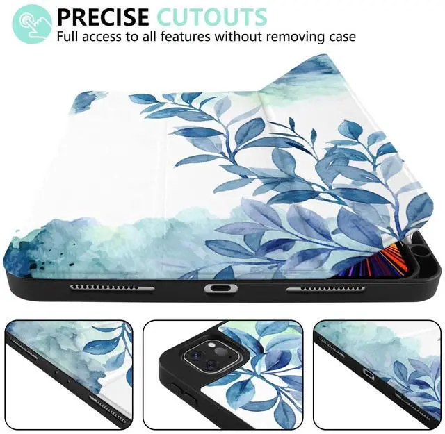 Alt view image 2 of 5 - DONGKE Case for 2022/2021/2020/2018 iPad Pro 11 inch Gen 4/3/2/1 - Slim Protective Case - Built in Pencil Holder Support Charging - Trifold Stand & Sleep/Wake Cover - Watercolor Blue Floral