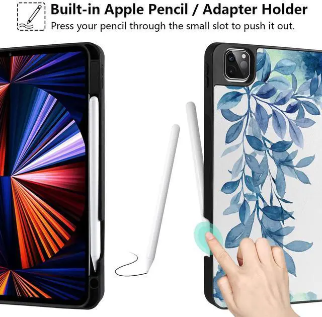 Alt view image 3 of 5 - DONGKE Case for 2022/2021/2020/2018 iPad Pro 11 inch Gen 4/3/2/1 - Slim Protective Case - Built in Pencil Holder Support Charging - Trifold Stand & Sleep/Wake Cover - Watercolor Blue Floral