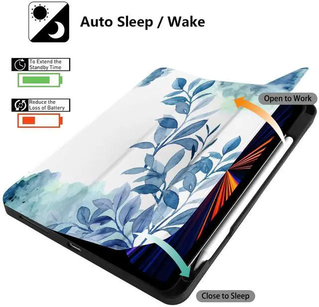 Alt view image 5 of 5 - DONGKE Case for 2022/2021/2020/2018 iPad Pro 11 inch Gen 4/3/2/1 - Slim Protective Case - Built in Pencil Holder Support Charging - Trifold Stand & Sleep/Wake Cover - Watercolor Blue Floral