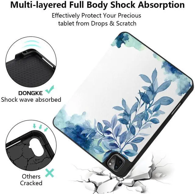 Alt view image 4 of 5 - DONGKE Case for 2022/2021/2020/2018 iPad Pro 11 inch Gen 4/3/2/1 - Slim Protective Case - Built in Pencil Holder Support Charging - Trifold Stand & Sleep/Wake Cover - Watercolor Blue Floral