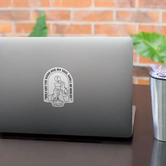 Alt view image 3 of 3 - Catholic Concepts | My Soul Shall Be Healed - Matthew 8:8 4 x 2.25 Vinyl Sticker Label Decal Waterproof Cool Accessory for Laptop, Hard Hats, Water Bottles, Scrapbooks, Folders, Cell Phone | 10-Pack