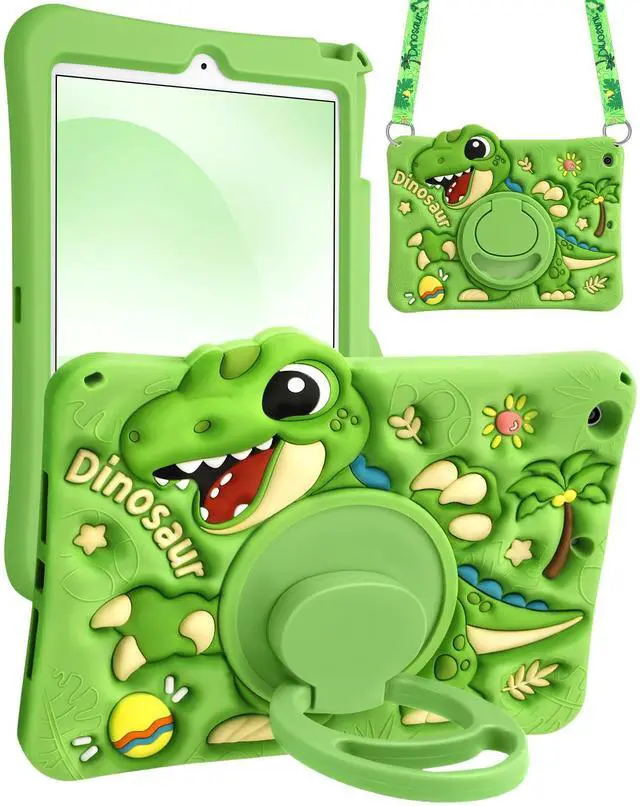 Main image of Boaretiu for iPad 9th/8th/7th Generation 10.2 Inch Case (2021/2020/2019) - Cute Cartoon with Shoulder Strap & Rotating Stand for Boys Girls Teens Soft Silicone, Green Dinosaur