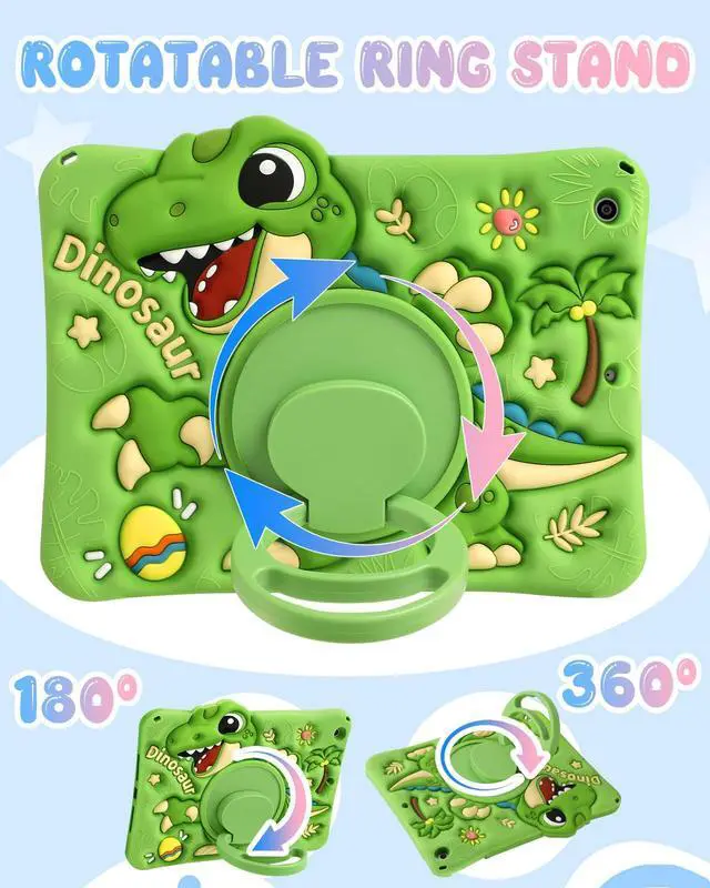 Alt view image 3 of 5 - Boaretiu for iPad 9th/8th/7th Generation 10.2 Inch Case (2021/2020/2019) - Cute Cartoon with Shoulder Strap & Rotating Stand for Boys Girls Teens Soft Silicone, Green Dinosaur