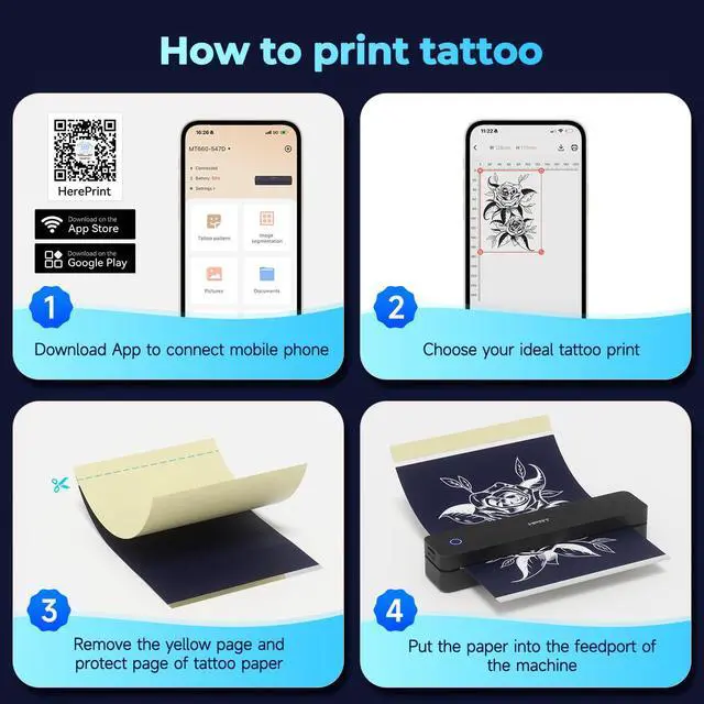 Alt view image 4 of 5 - HPRT Tattoo Stencil Printer, Wireless Thermal Tattoo Printer + 10 Sheets Transfer Paper, Compatible with Smarthone/PC, Tattoo Supplies for Tattoo Artists & Beginners, Black