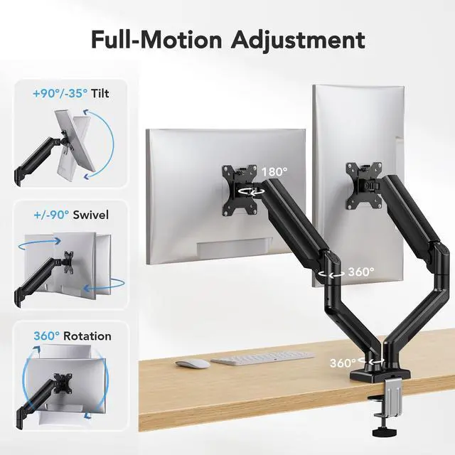 Alt view image 3 of 5 - HUANUO Dual Monitor Mount for 2 Monitors up to 32 inches, Each Arm Holds Max 22lbs, Dual Monitor Stand with Pneumatic Spring System, Height-Adjustable/Tilt/Swivel/Rotate, VESA Standard 75mm or 100mm