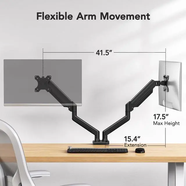 Alt view image 4 of 5 - HUANUO Dual Monitor Mount for 2 Monitors up to 32 inches, Each Arm Holds Max 22lbs, Dual Monitor Stand with Pneumatic Spring System, Height-Adjustable/Tilt/Swivel/Rotate, VESA Standard 75mm or 100mm