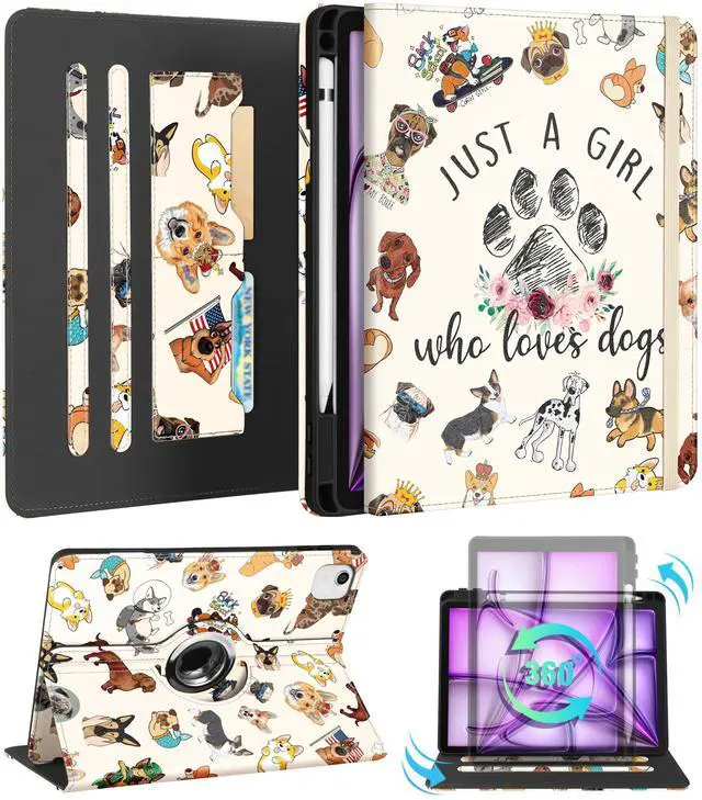 Main image of Kidcube for iPad Air 13 Inch Case (M3/M2)/for iPad Pro 12.9 Cases 6th/5th (2022/2021) - Women Girls Kids Cute Rotating Stand Folio Cover with Pencil Holder & Card Slot Design Kawaii Cartoon Dog Cover