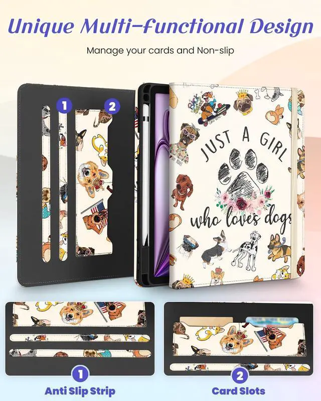 Alt view image 3 of 5 - Kidcube for iPad Air 13 Inch Case (M3/M2)/for iPad Pro 12.9 Cases 6th/5th (2022/2021) - Women Girls Kids Cute Rotating Stand Folio Cover with Pencil Holder & Card Slot Design Kawaii Cartoon Dog Cover