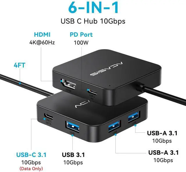 Alt view image 2 of 5 - USB C Hub Long Cable 4FT 10Gbps, Multiport Adapter with 4K 60Hz HDMI, 100W Power Delivery, 3 USB A3.1+1 USB-C 3.1 Data Port, USB c to HDMI Adapter for MacBook, Dell, Lenovo, Surface, iPad PRO