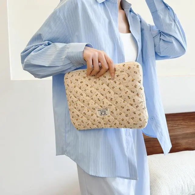 Alt view image 2 of 5 - Puffy Laptop Sleeve Case Cute Computer Bag Flower Printed Quilted Laptop Carrying Cases Floral Pattern Protective Cover