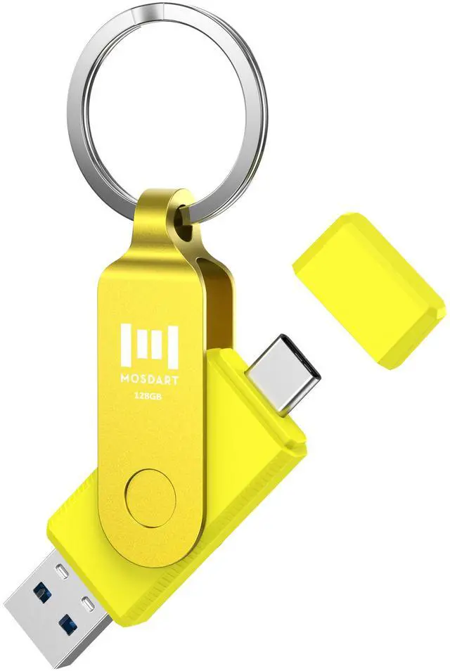 Main image of MOSDART 128GB USB3.1 Fast Speed C and A Dual Flash Drive, exFAT Memory Stick with Keychain and LED Indicator, for iPhone 15 and 16, Android Phone, iPad, MacBook, and Other Laptops,Yellow