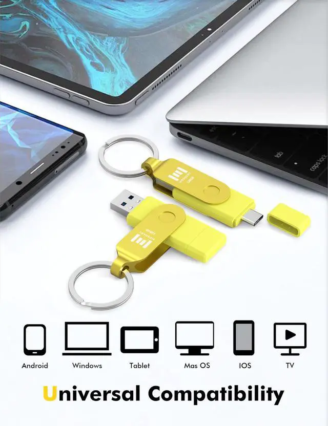 Alt view image 3 of 5 - MOSDART 128GB USB3.1 Fast Speed C and A Dual Flash Drive, exFAT Memory Stick with Keychain and LED Indicator, for iPhone 15 and 16, Android Phone, iPad, MacBook, and Other Laptops,Yellow