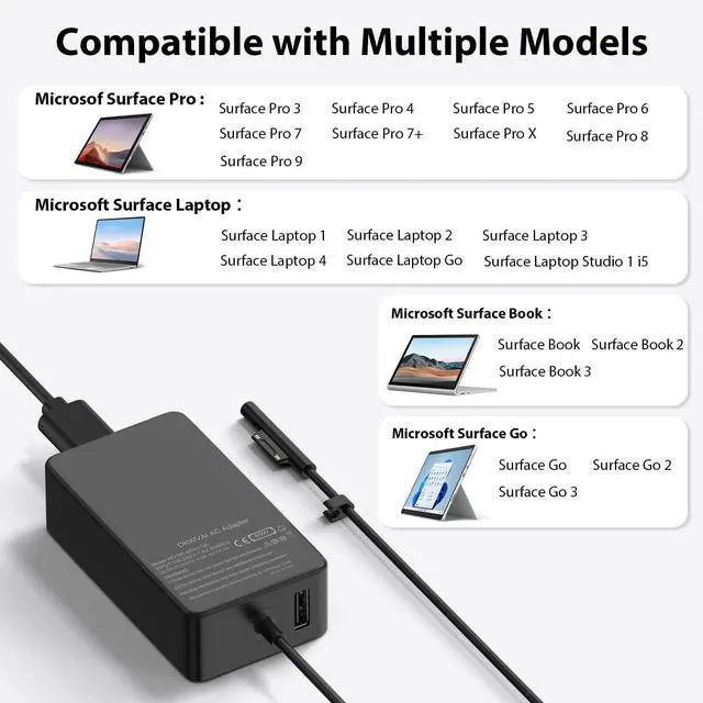 Alt view image 2 of 5 - Surface Pro Charger 65W for Microsoft Surface Pro Charger 10,9, 8, 7+, 7, 6, 5, 4, 3, X, Windows Surface Laptop 5, 4, 3, 2, 1, Studio Surface Go Tablet, Surface Book 3, 2, 1,10FT Cord,Support 44W 36W