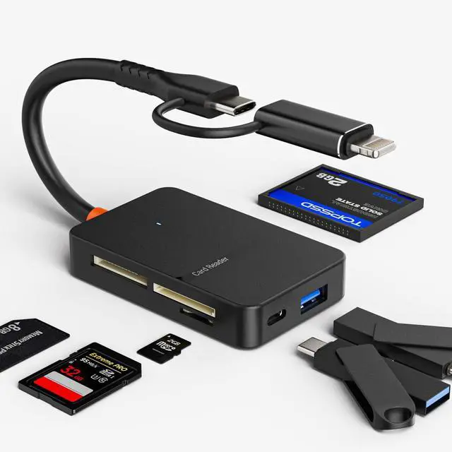 Main image of Memory Card Reader, 6in1 USB 3.0 and Lightning to SD Micro SD MS CF Card Reader Adapter with 5Gbps USB-A/C Data Ports, 4 Cards Simultaneously Read and Write, for iPhone, Laptop, MacBook, iPad and More