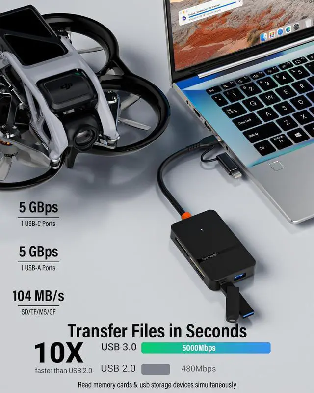 Alt view image 4 of 5 - Memory Card Reader, 6in1 USB 3.0 and Lightning to SD Micro SD MS CF Card Reader Adapter with 5Gbps USB-A/C Data Ports, 4 Cards Simultaneously Read and Write, for iPhone, Laptop, MacBook, iPad and More