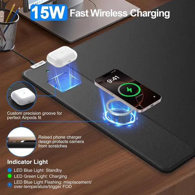 Alt view image 2 of 5 - Wireless Charging Mouse Pad, 31.5"x15.8" Gaming Desk Mat for Keyboard/Laptop, Non-Slip Base & 20W Power Adapter, Waterproof Smooth Desk Writing Pad for Gamer, Office & Home, Black