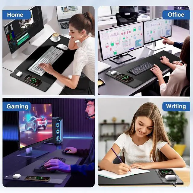 Alt view image 4 of 5 - Wireless Charging Mouse Pad, 31.5"x15.8" Gaming Desk Mat for Keyboard/Laptop, Non-Slip Base & 20W Power Adapter, Waterproof Smooth Desk Writing Pad for Gamer, Office & Home, Black