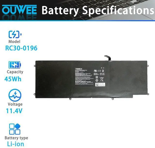 Alt view image 2 of 5 - OUWEE RC30-0196 Laptop Battery Compatible with Razer Blade Stealth 2016 2017 i7-7500u i7-8550u RZ09-01962E10 RZ09-01962E20 RZ09-01962E52 RZ09-01963E32 Series RC30-0196 3ICP4/92/80 53.6Wh 11.55V
