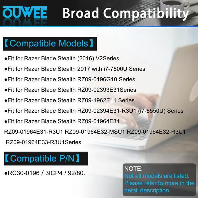 Alt view image 3 of 5 - OUWEE RC30-0196 Laptop Battery Compatible with Razer Blade Stealth 2016 2017 i7-7500u i7-8550u RZ09-01962E10 RZ09-01962E20 RZ09-01962E52 RZ09-01963E32 Series RC30-0196 3ICP4/92/80 53.6Wh 11.55V