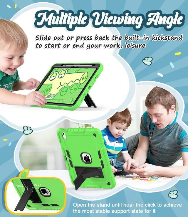 Alt view image 3 of 5 - ZoneFoker for iPad (A16) Case 11th Generation 11 inch 2025 / iPad 10th Gen 10.9 inch 2022, Heavy Duty Durable i Pad 11/11 Gen Cover with Pencil Holder/Stand for Kids (Green+Black)