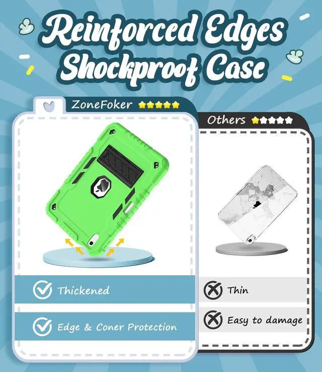 Alt view image 4 of 5 - ZoneFoker for iPad (A16) Case 11th Generation 11 inch 2025 / iPad 10th Gen 10.9 inch 2022, Heavy Duty Durable i Pad 11/11 Gen Cover with Pencil Holder/Stand for Kids (Green+Black)