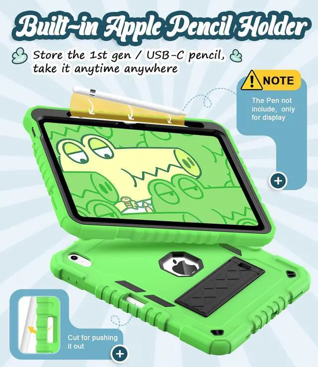 Alt view image 5 of 5 - ZoneFoker for iPad (A16) Case 11th Generation 11 inch 2025 / iPad 10th Gen 10.9 inch 2022, Heavy Duty Durable i Pad 11/11 Gen Cover with Pencil Holder/Stand for Kids (Green+Black)