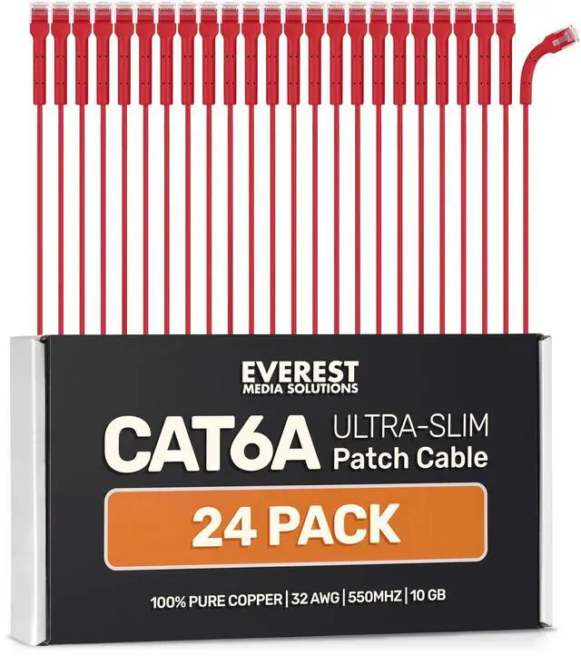Main image of Everest Ultra Slim Cat6a Ethernet Patch Cables 0.5ft (24-Pack) Red - 6 Inch 10GB Cat 6a Patch Cable - Bendable, Flexible & Thin Ethernet Cable - 32AWG 550MHZ Cat6a Cables - 100% Copper Wires