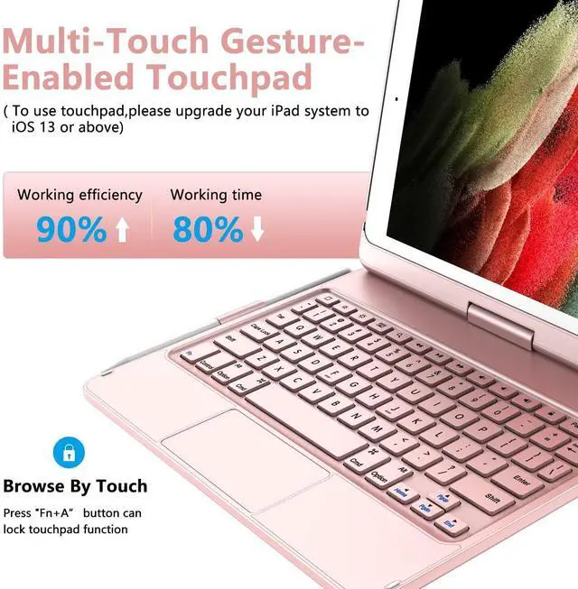 Alt view image 2 of 5 - TQQ Touch for iPad 9th Generation Case with Keyboard (10.2", 2021), Multi-Touch Trackpad, 360° Rotatable Protective Cover for iPad Keyboard 9th/8th/7th Gen with Pencil Holder (Rose Gold)