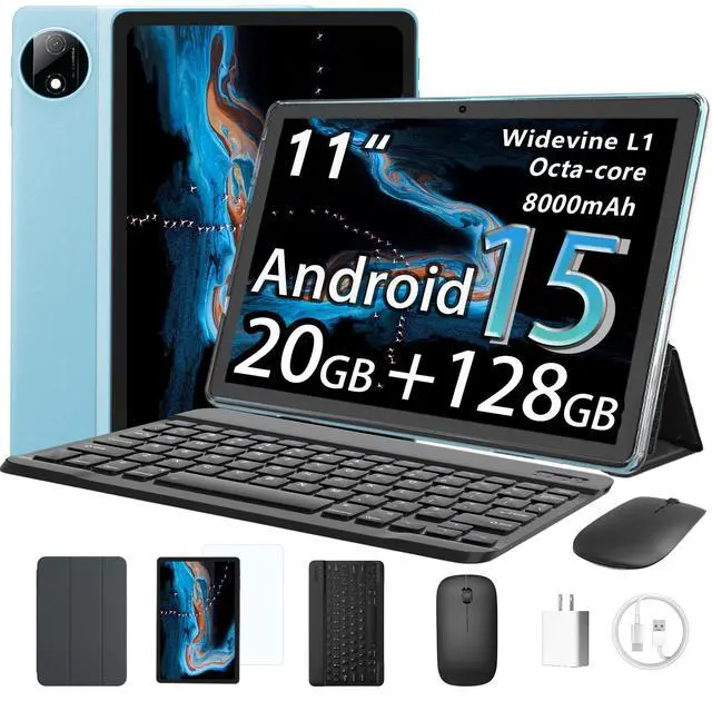 Main image of HUIHUANG Tablet with Keyboard | Android 15 | 20GBRAM+128 Storage(Expand to 1TB), 8000mAh Battery | Widevine L1, 11 in Tablet with 5G/2.4G WiFi | BT5.0 | GMS Certified | Keyboard Mouse | Case (Blue)