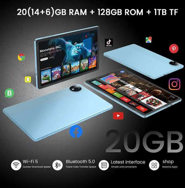 Alt view image 4 of 5 - HUIHUANG Tablet with Keyboard | Android 15 | 20GBRAM+128 Storage(Expand to 1TB), 8000mAh Battery | Widevine L1, 11 in Tablet with 5G/2.4G WiFi | BT5.0 | GMS Certified | Keyboard Mouse | Case (Blue)