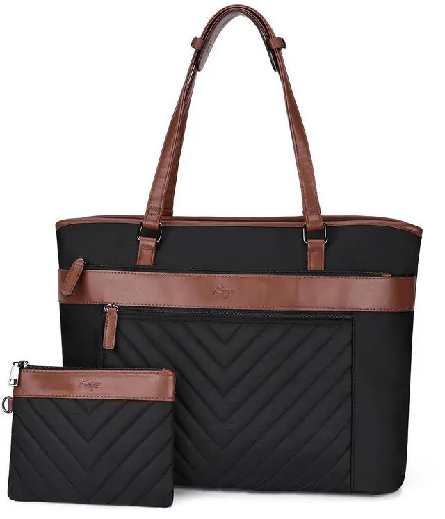Main image of Kasqo Laptop Tote Bag for Women,15.6 Inch Computer Work Bag Water-Resistant Leather Shoulder Handbags with Clutch Purse Black-Brown