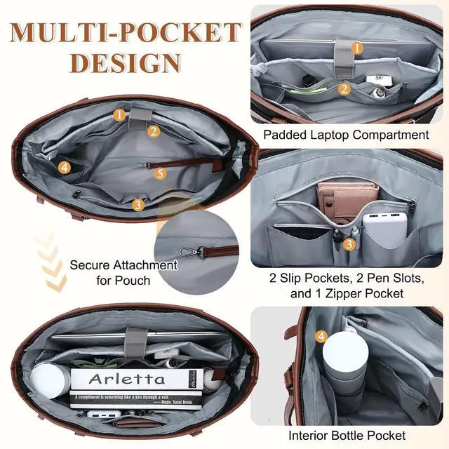 Alt view image 4 of 5 - Kasqo Laptop Tote Bag for Women,15.6 Inch Computer Work Bag Water-Resistant Leather Shoulder Handbags with Clutch Purse Black-Brown