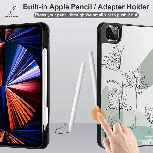 Alt view image 4 of 5 - Yebiseven Case for iPad 9th/8th/7th Generation 10.2 inch, Shockproof Tablet Case for iPad 10.2 inch 2022 2020 2019, Soft TPU Back Cover with Auto Wake/Sleep & Pencil Holder, Floral Line Art