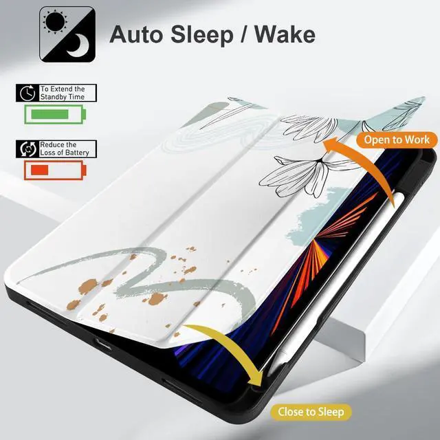 Alt view image 5 of 5 - Yebiseven Case for iPad 9th/8th/7th Generation 10.2 inch, Shockproof Tablet Case for iPad 10.2 inch 2022 2020 2019, Soft TPU Back Cover with Auto Wake/Sleep & Pencil Holder, Floral Line Art