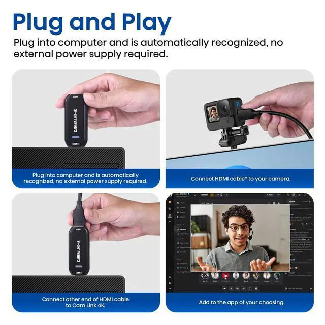 Alt view image 3 of 5 - DigitPro Cam Link 4K  External Capture Card for DSLR Camcorder ActionCam as Webcam, HDMI to USB 3.0, Meet/Stream/Record in 2K50/1080p60, Easy Connect for OBS/Zoom, Windows/Mac