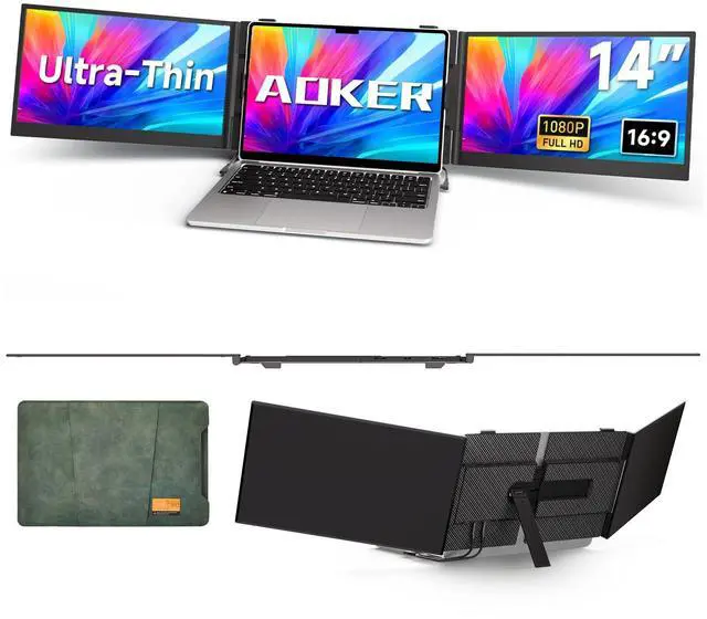 Main image of AOKER Triple Laptop Screen Extender - Ultra Thin 14" Monitor IPS FHD 1080P Portable Display for 13"-17" Laptops Compatible with Compatible with Windows Mac Chrome Surface Travel Work Setup