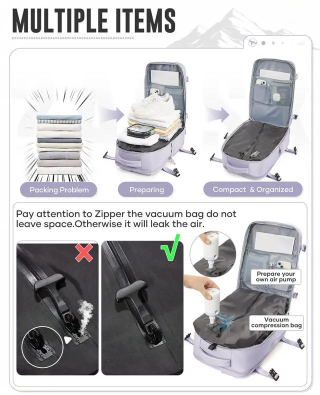 Alt view image 3 of 5 - Vacuum Backpack with Pump for Women Men, Compression Backpack for Travel, Vacpack for School Business Trip, Lightweight Airback Backpacks with Vacuum Seal, Carry On Bag for Airport( Purple Large)