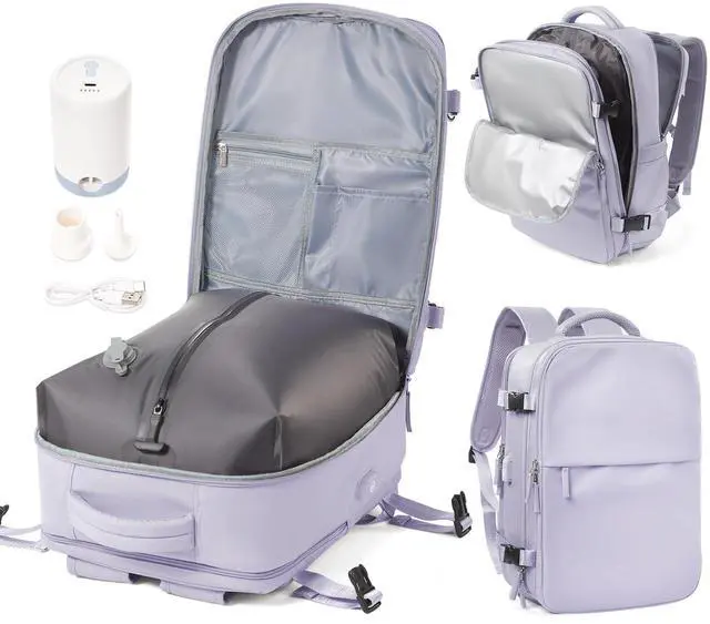 Main image of Vacuum Backpack with Pump for Women Men, Compression Backpack for Travel, Vacpack for School Business Trip, Lightweight Airback Backpacks with Vacuum Seal, Carry On Bag for Airport( Purple Large)