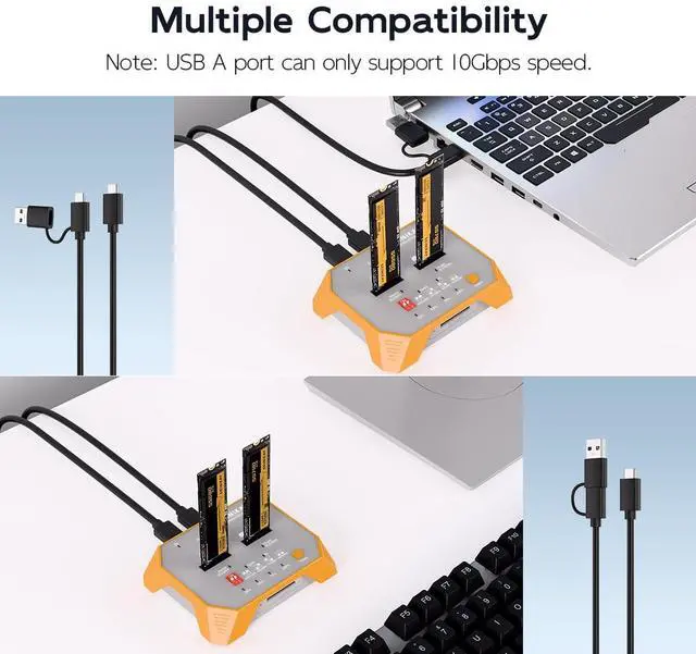 Alt view image 5 of 5 - SEINIKAY M.2 NVMe & M.2 SATA SSD Docking Station, Tool-Free M.2 Duplicator Cloner with SD Card Reader, Offline Cloning, Plug and Play